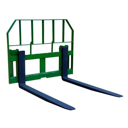 A John Deere Pallet Fork – 200 to 500 Series, featuring two black prongs and a green finish, designed for use with a tractor or loader.