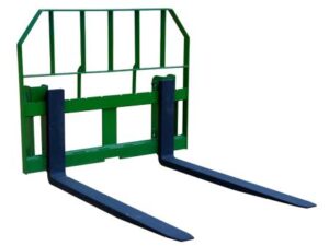 A green and black John Deere Pallet Fork Global Carrier forklift attachment with two horizontal metal forks, a protective vertical cage, and a pallet fork for lifting and transporting materials.