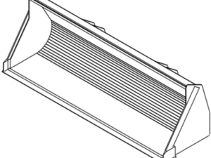 A 3D drawing of the Compact Tractor Bucket – Pin-On, an industrial bucket attachment designed for heavy machinery. This bucket is specifically engineered for compact tractors and features a ribbed interior and angled edges to ensure efficient material gathering.