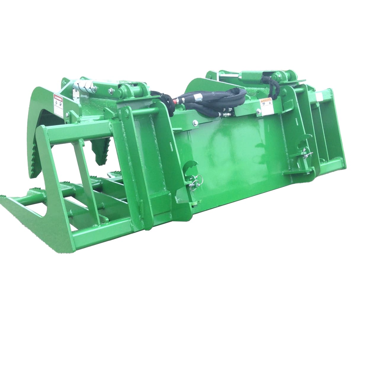 A John Deere Brush Grapple Bucket, a green metal agricultural attachment with hydraulic arms, is likely used for lifting or moving materials.