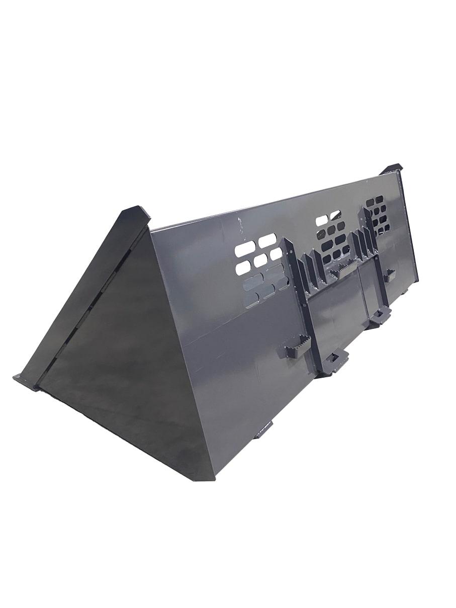 Introducing the Skid-Steer Snow Bucket – Heavy Duty, a robust metal attachment designed for skid-steer machinery. It features a distinctive triangular design with perforated panels and reinforced bars on the side for enhanced durability.