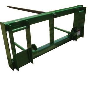The John Deere Bale Spear 246 is a green metal hay spear attachment for a tractor, featuring a single tine and a frame with brackets for attachment. Compatible with John Deere models, this bale spear ensures efficient handling of bales.