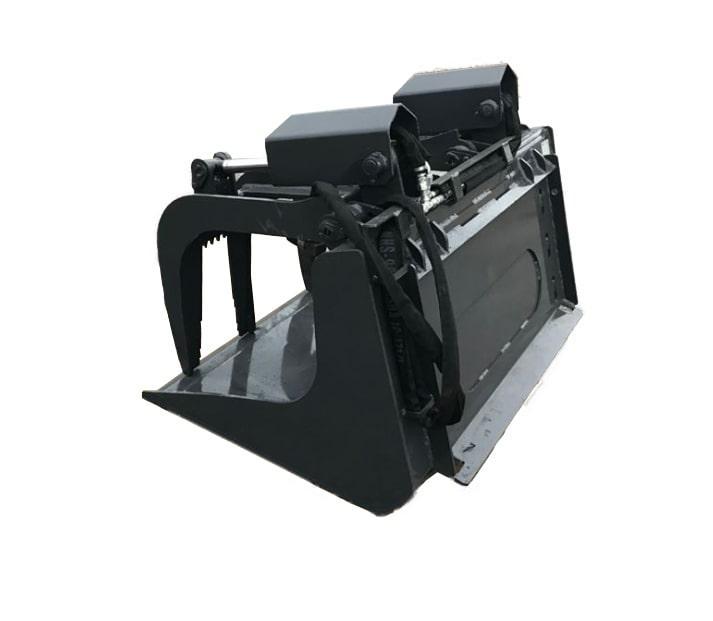 A Bobcat Grapple Bucket, a black heavy-duty attachment for Bobcat construction equipment, features hydraulic arms and a bucket designed for lifting and moving materials.