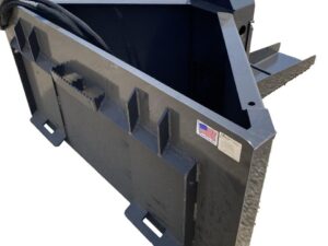 The Skid Steer Concrete Chuter is a heavy-duty metal industrial attachment with hydraulic hoses, designed for loading and handling materials. It features a black finish, a small flag decal, and is compatible with Skid Steer equipment.
