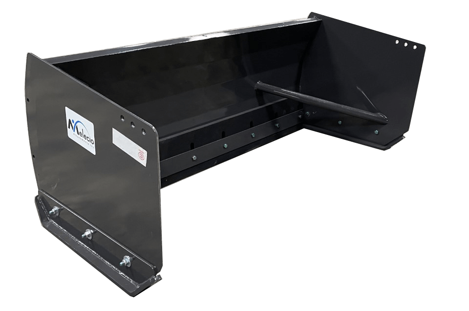The Dingo Snow Pusher, an industrial attachment with a wide, reinforced blade and mounting bolts, is designed for efficient snow removal when mounted on a vehicle.