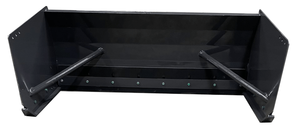 The Dingo Snow Pusher is a black, rectangular metal container with two diagonal support rods and several small bolts along the bottom edge, perfect for pushing snow.