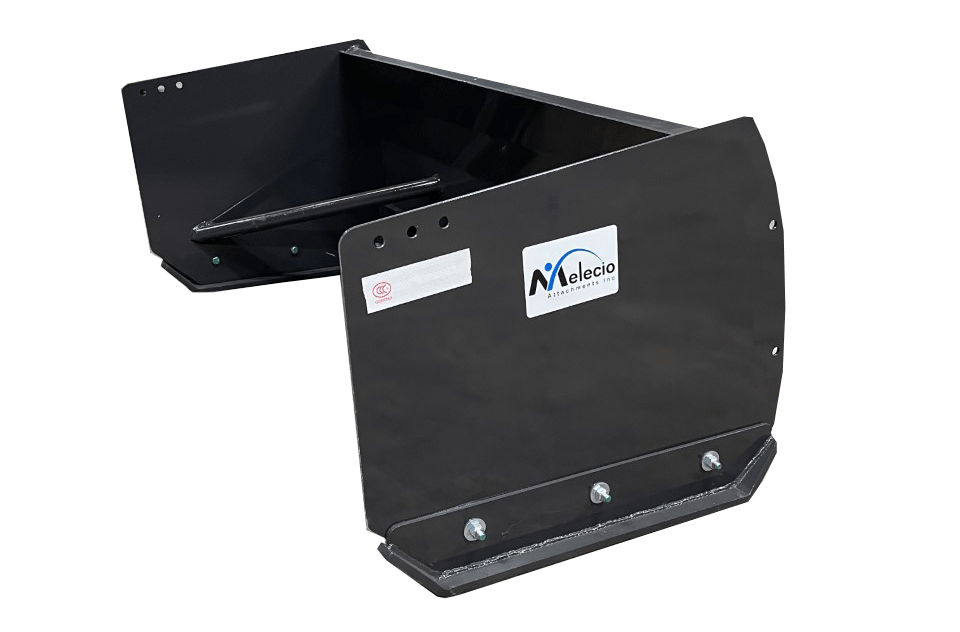 A black, angular industrial Dingo Snow Pusher with a logo decal from Melecio Attachments. This attachment, designed for Dingo machines, features multiple bolts along its bottom edge.