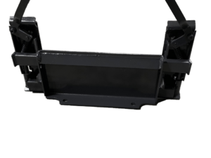 The Dingo To Mini Bobcat Adapter is a black mounting bracket with two adjustable levers on either side, designed for securing equipment like an adapter or fitting smaller machinery like a Mini Bobcat.