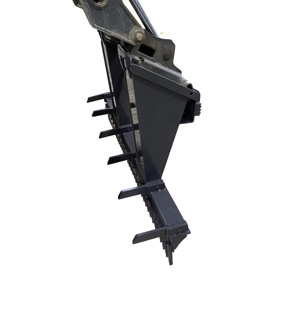 A close-up view of a metal Skid Steer Eliminator bucket attachment with teeth, designed to operate with a Skid Steer, isolated on a white background.