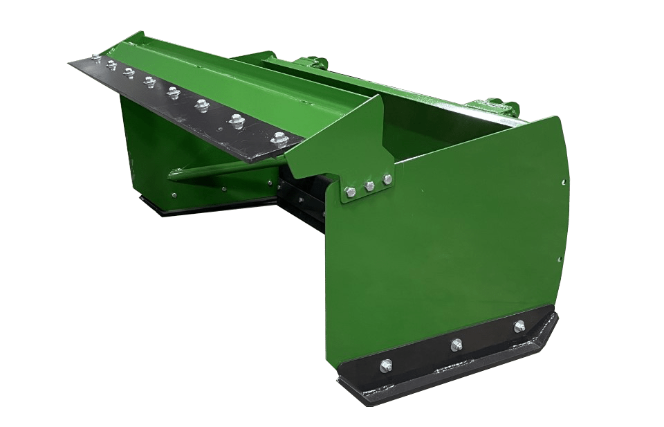 Green John Deere Snow Push with angled metal blades and bolts, suitable for a skid steer.