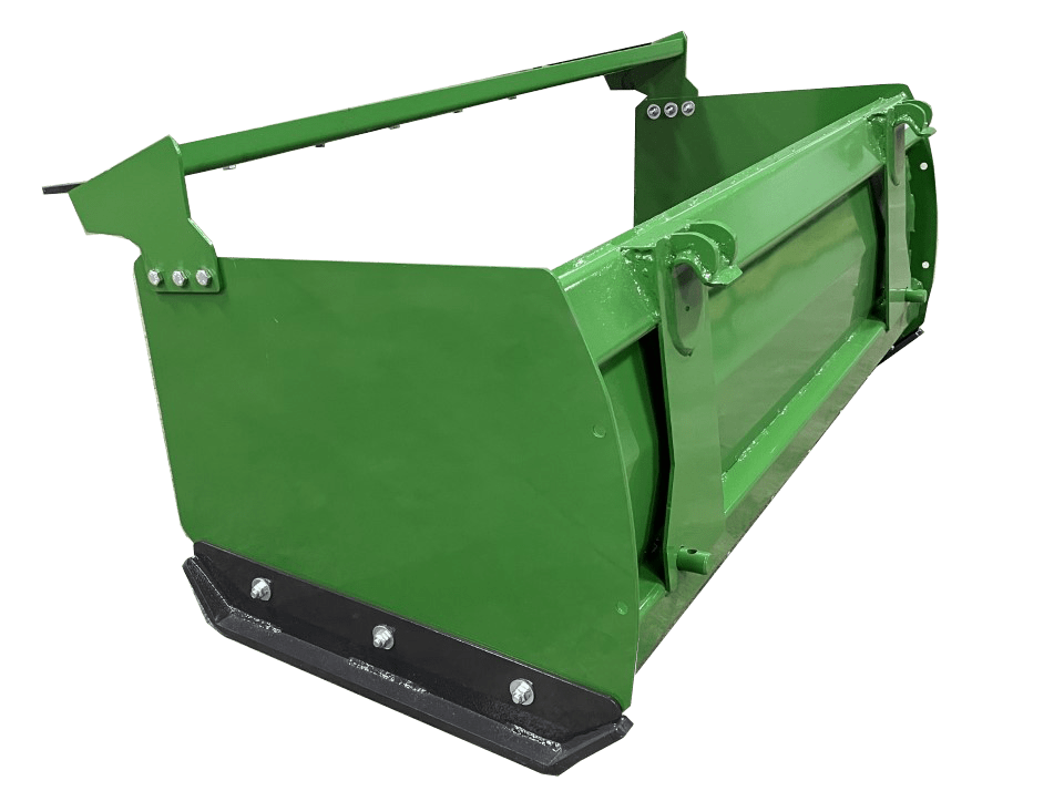 A green metal agricultural attachment, specifically a John Deere Snow Push for a tractor or construction machinery, is shown against a white background.