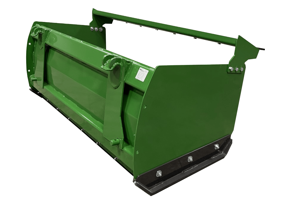 Green metal box-style attachment with bolt details and a smooth surface—perfectly compatible as the John Deere Snow Push, ideal for agricultural or construction machinery.
