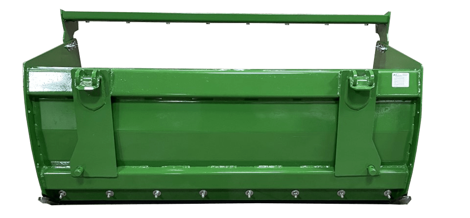 A John Deere Snow Push, an agricultural attachment compatible with a John Deere tractor or farming equipment, comes in green and features metal fittings along with a row of bolts at the bottom edge.