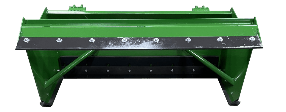 The John Deere Snow Push, a green heavy-duty industrial attachment with visible bolts along the edge, is designed for durability and efficiency, making it ideal for mechanical construction or agricultural equipment.