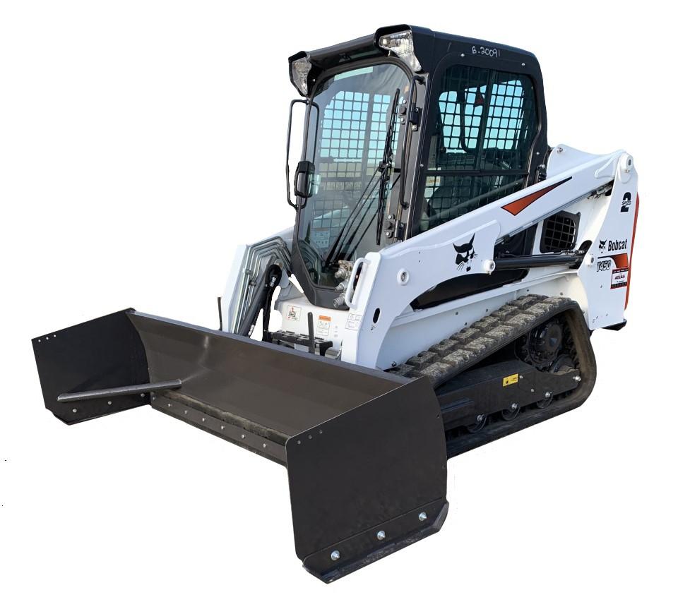 Image of a Bobcat featuring a Small Skid Steer Snow Push attachment at the front, perfect for tasks like construction, landscaping, and snow removal. The compact machine showcases a stylish white and black color scheme.