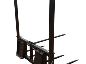 A metal attachment with four protruding spikes, known as the Skid-Steer Tall Bale Spear, designed for a forklift or skid-steer, is commonly used for handling bales of hay or similar materials.