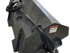 A heavy-duty metal Dingo and Bobcat Tiller for construction machinery, featuring a warning label and a connected hydraulic hose.