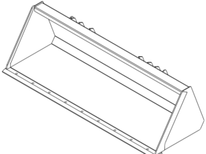 Isometric line drawing of a Compact Tractor Bucket – Universal attachment for construction equipment, typically used for moving materials.