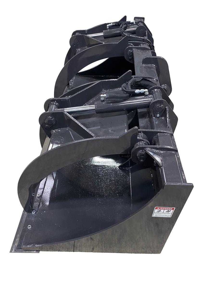 The Wheel Loader Grapple Bucket is a black, heavy-duty industrial attachment designed for skid steer loaders and wheel loaders. It features robust metal construction and hydraulic components, making it perfect for material handling and debris clearing in heavy-duty tasks.