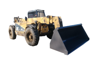 A yellow CAT TH63 telehandler outfitted with a Telehandler Material Bucket in black, parked outdoors on a dirt surface, ready for heavy material handling.