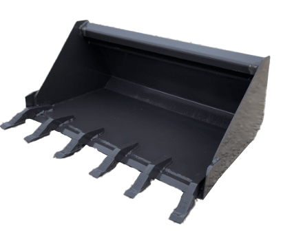 The Dirt Bucket – Dingo and Toro is a black metal attachment that features multiple teeth for efficient digging and loading materials, and it is compatible with Dingo and Toro equipment.