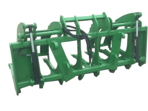 A Long Toe Root Rake Grapple, colored green, designed for heavy machinery to pick up and secure materials with precision.