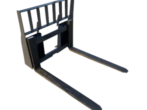 Here's an image of the Mini Bobcat Pallet Fork, featuring a black forklift attachment with two forks and a vertical frame, placed on a concrete surface, ready to be mounted for easy handling of pallet loads.