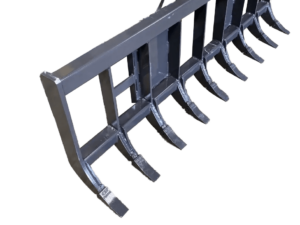 A Skid Steer Rake, featuring multiple curved prongs and designed for use with skid steer loaders in industrial or agricultural machinery, is displayed against a white background.