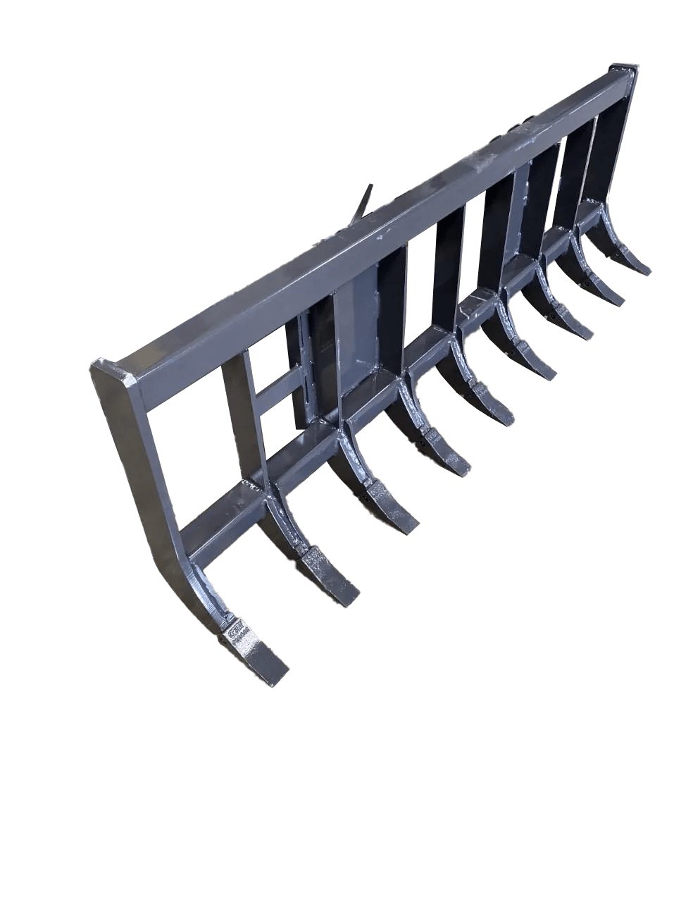 A Skid Steer Rake, featuring multiple curved prongs and designed for use with skid steer loaders in industrial or agricultural machinery, is displayed against a white background.
