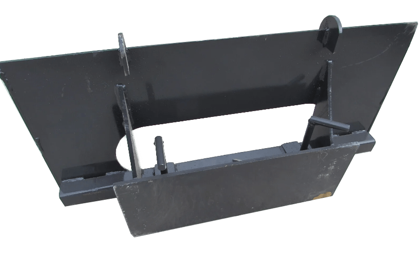 Mini Bobcat to Dingo Adapter, a black metal frame for machinery featuring multiple slots and hooks.