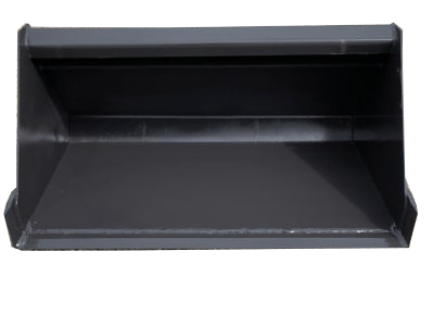 Front view of an empty black metal Dirt Bucket – Dingo and Toro on a gravel surface.