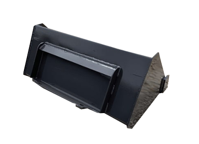 An empty black metal Dirt Bucket – Dingo and Toro attachment for heavy machinery lies on a gravel surface, ready to be paired with a Toro Dingo.