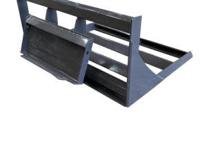 A gray metal industrial bracket with a triangular base and horizontal support beams, resembling the sturdy construction of a Bobcat and Dingo Land Leveler, placed on a concrete floor.
