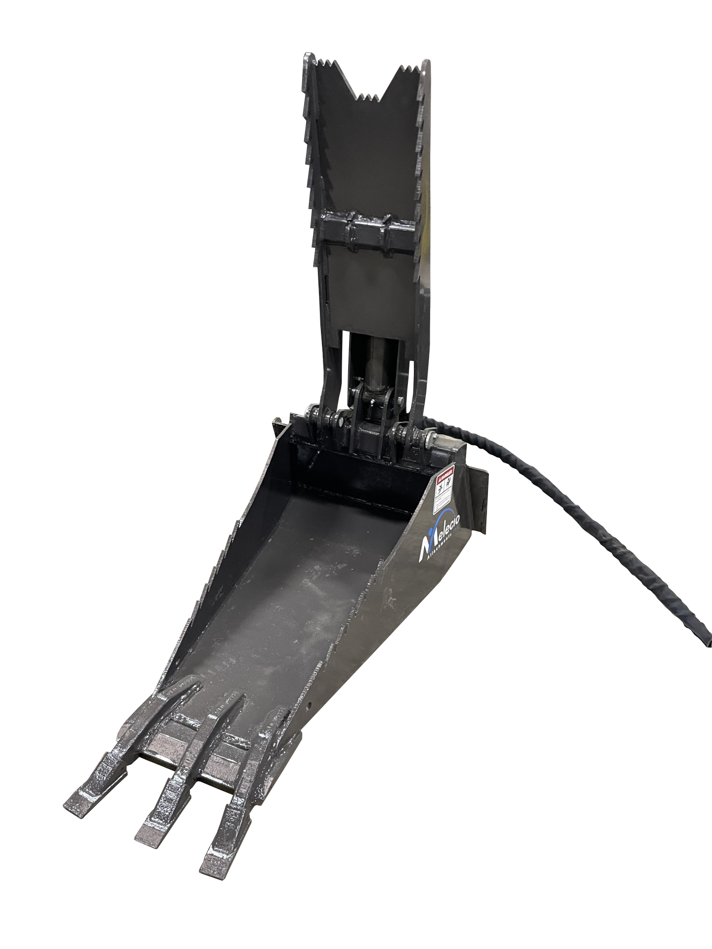 A Dingo Stump Bucket, an industrial grapple attachment designed for heavy machinery, is showcased in a workshop along with other versatile buckets and equipment, with various tools and machines visible in the background.