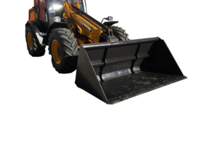 A yellow front-end loader featuring the Telehandler Heavy Duty Bucket attachment is parked on a concrete surface in front of a building with white garage doors, showcasing its heavy-duty capabilities.