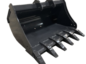A black Bobcat Quick X Change Excavator Bucket, equipped with five teeth and designed for heavy-duty use, is showcased on a concrete surface and features the efficient Quick X Change system for hassle-free attachment swaps.