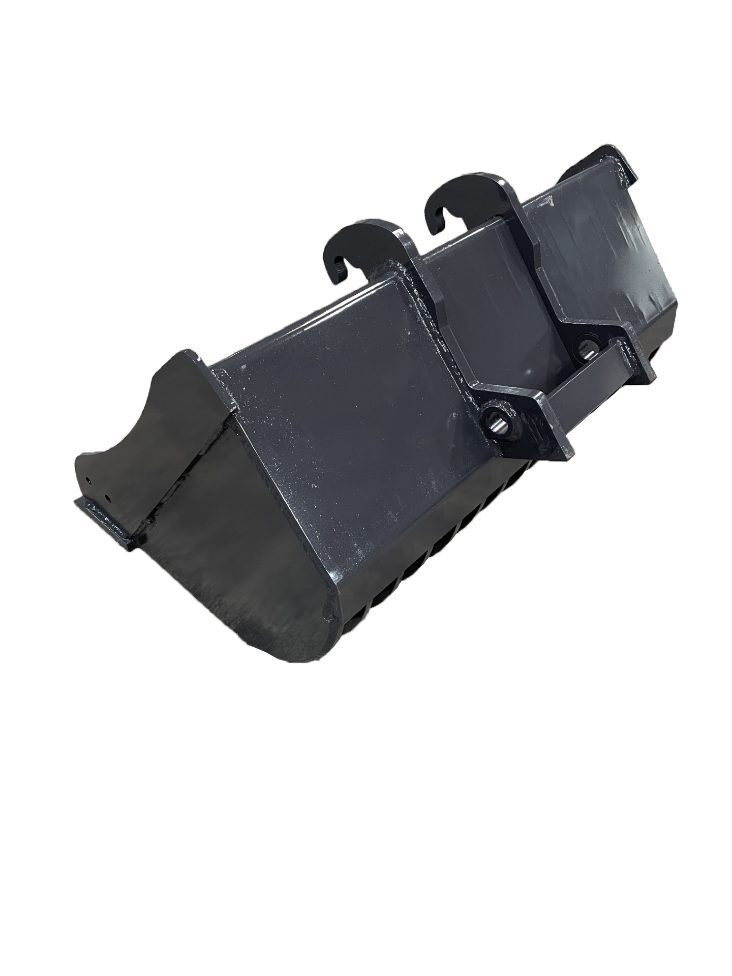 A black, heavy-duty Bobcat Skeleton Excavator Bucket with dual hooks is placed on a concrete surface.