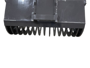 A large, black mechanical attachment with ridged rollers and a square mounting bracket, resembling a Bobcat Skeleton Excavator Bucket, placed on a gray concrete floor.