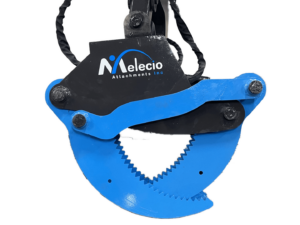 The Dingo Log Grapple, featuring a blue base and black top adorned with the "Aelecio Attachments Inc." logo on the side, is ideal for handling logs and perfectly compatible with your Dingo utility loader.